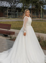 Chiffon Wedding Dresses Plus Size Chic A-line V-Neck Long Sleeves Sweep Train-Dbrbridal