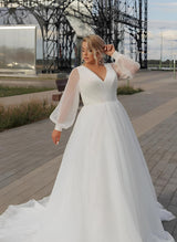 Chiffon Wedding Dresses Plus Size Chic A-line V-Neck Long Sleeves Sweep Train-Dbrbridal