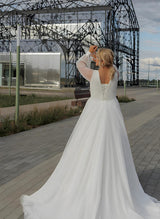 Chiffon Wedding Dresses Plus Size Chic A-line V-Neck Long Sleeves Sweep Train-Dbrbridal