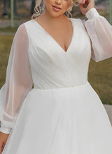 Chiffon Wedding Dresses Plus Size Chic A-line V-Neck Long Sleeves Sweep Train-Dbrbridal