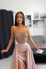 Classic Strapless Dusty Pink Prom Dresses Mermaid Slit With Lace Appliques-Dbrbridal