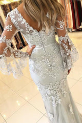 Classic V-Neck Bell Sleeves Prom Dresses Lace Appliques Mermaid Evening Dresses-Dbrbridal