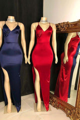 Classic V-Neck Spaghetti Front Slit Satin Mermaid Prom Dresses-Dbrbridal