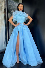 Classy Blue A-lineTulle Floor-length Prom Dress Side-cut-Dbrbridal