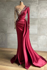 Classy Burgundy Long Sleeves Prom Dresses Mermaid With Beadings-Dbrbridal