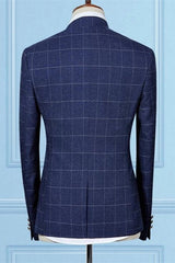 Classy Dark Navy Two Pieces Best Fitted New Arrival Plaid Men's Prom Suits-Dbrbridal