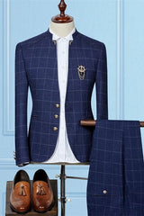 Classy Dark Navy Two Pieces Best Fitted New Arrival Plaid Men's Prom Suits-Dbrbridal
