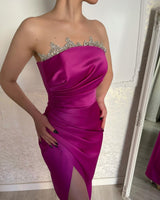 Classy Fuchsia Strapless Crystal Evening Party Gowns Long Slit Online-Dbrbridal