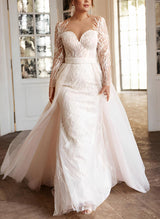 Classy Illusion Neckline Long Sleeve Lace Wedding Dresses-Dbrbridal