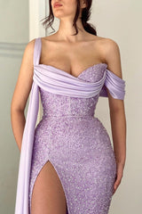 Classy Lilac Long Glitter Off-the-Shoulder Mermaid Evening Party Gowns Long Slit Online-Dbrbridal