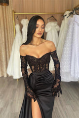 Classy Long Black Off-the-Shoulder Lace Mermaid Long Sleeves Evening Party Gowns Long Slit Online-Dbrbridal