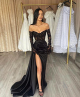 Classy Long Black Off-the-Shoulder Lace Mermaid Long Sleeves Evening Party Gowns Long Slit Online-Dbrbridal