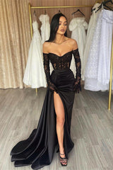 Classy Long Black Off-the-Shoulder Lace Mermaid Long Sleeves Evening Party Gowns Long Slit Online-Dbrbridal