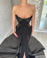 Classy Long Black Strapless Front Split Long Evening Party Gowns-Dbrbridal