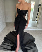 Classy Long Black Strapless Front Split Long Evening Party Gowns-Dbrbridal