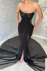 Classy Long Black Strapless Front Split Long Evening Party Gowns-Dbrbridal