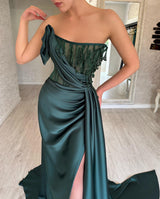 Classy Long Dark Green Sleeveless Beading Evening Party Gowns Long Slit Online-Dbrbridal