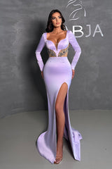 Classy Long Lilac Mermaid Beading Long Sleeves Evening Party Gowns Long Slit Online-Dbrbridal
