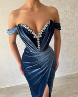 Classy Long Navy Off-the-Shoulder Ankle Length Evening Party Gowns Long Slit Online-Dbrbridal