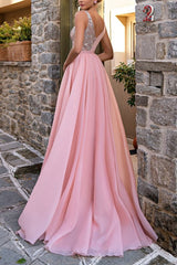 Classy Long Pink V-Neck Glitter Sleeveless Evening Party Gowns Long Slit Online-Dbrbridal