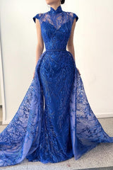 Classy Long Royal Blue High Neck Lace Sleeveless Evening Party Gowns With Detachable Train-Dbrbridal