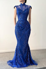 Classy Long Royal Blue High Neck Lace Sleeveless Evening Party Gowns With Detachable Train-Dbrbridal