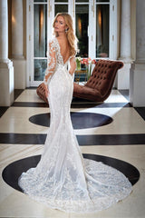 Classy Mermaid Lace Backless Appliques Wedding Gown With Long Sleeves V-Neck-Dbrbridal