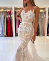 Classy Mermaid Prom Dress Lace Appliques Spaghetti-Straps-Dbrbridal