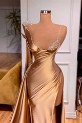 Classy One Shoulder Long Sleeves Prom Dresses Mermaid Split With Beadings-Dbrbridal