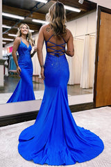 Classy Royal Blue Long Mermaid V-Neck Prom Dress Spaghetti-Straps-Dbrbridal