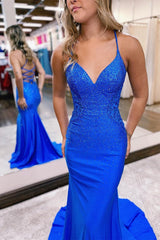 Classy Royal Blue Long Mermaid V-Neck Prom Dress Spaghetti-Straps-Dbrbridal
