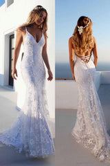 Cloth-fitting Floor Length Lace V-Neck Spaghetti Open Back Prom Dresses Party Gowns With Lace Up-Dbrbridal