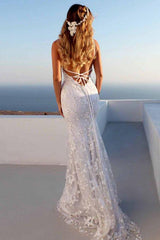 Cloth-fitting Floor Length Lace V-Neck Spaghetti Open Back Prom Dresses Party Gowns With Lace Up-Dbrbridal