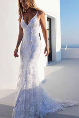 Cloth-fitting Floor Length Lace V-Neck Spaghetti Open Back Prom Dresses Party Gowns With Lace Up-Dbrbridal