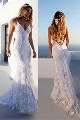 Cloth-fitting Floor Length Lace V-Neck Spaghetti Open Back Prom Dresses Party Gowns With Lace Up-Dbrbridal