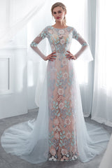 Colored Wedding Dresses Baby Blue Lace Long Sleeve Bridal Dress With Train-Dbrbridal