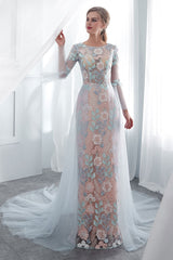 Colored Wedding Dresses Baby Blue Lace Long Sleeve Bridal Dress With Train-Dbrbridal