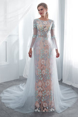 Colored Wedding Dresses Baby Blue Lace Long Sleeve Bridal Dress With Train-Dbrbridal