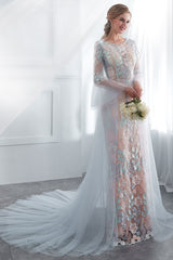 Colored Wedding Dresses Baby Blue Lace Long Sleeve Bridal Dress With Train-Dbrbridal