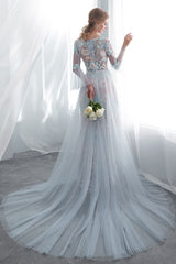Colored Wedding Dresses Baby Blue Lace Long Sleeve Bridal Dress With Train-Dbrbridal