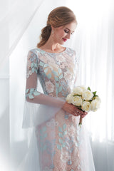 Colored Wedding Dresses Baby Blue Lace Long Sleeve Bridal Dress With Train-Dbrbridal