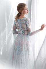 Colored Wedding Dresses Baby Blue Lace Long Sleeve Bridal Dress With Train-Dbrbridal