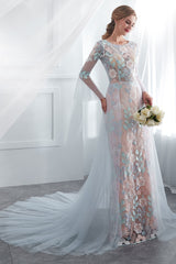 Colored Wedding Dresses Baby Blue Lace Long Sleeve Bridal Dress With Train-Dbrbridal