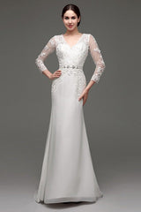 Column Long Sleeves Illusion Back Chic V-Neck Bridal Gown With Rhinestone Sash-Dbrbridal