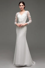 Column Long Sleeves Illusion Back Chic V-Neck Bridal Gown With Rhinestone Sash-Dbrbridal