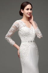 Column Long Sleeves Illusion Back Chic V-Neck Bridal Gown With Rhinestone Sash-Dbrbridal