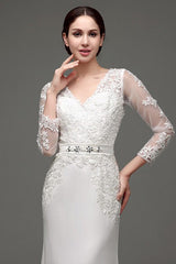 Column Long Sleeves Illusion Back Chic V-Neck Bridal Gown With Rhinestone Sash-Dbrbridal