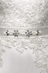 Column Long Sleeves Illusion Back Chic V-Neck Bridal Gown With Rhinestone Sash-Dbrbridal