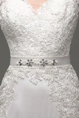 Column Long Sleeves Illusion Back Chic V-Neck Bridal Gown With Rhinestone Sash-Dbrbridal