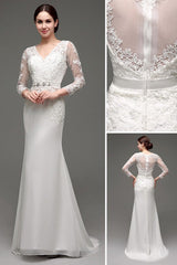 Column Long Sleeves Illusion Back Chic V-Neck Bridal Gown With Rhinestone Sash-Dbrbridal